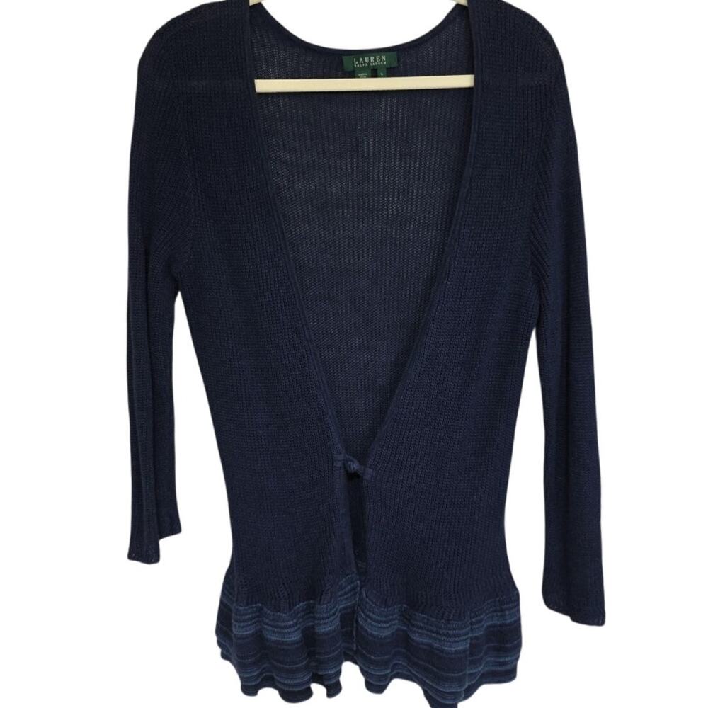 Lauren Ralph Lauren Women’s Sz L 100% Linen Peplum Cardigan Ruffle Blue